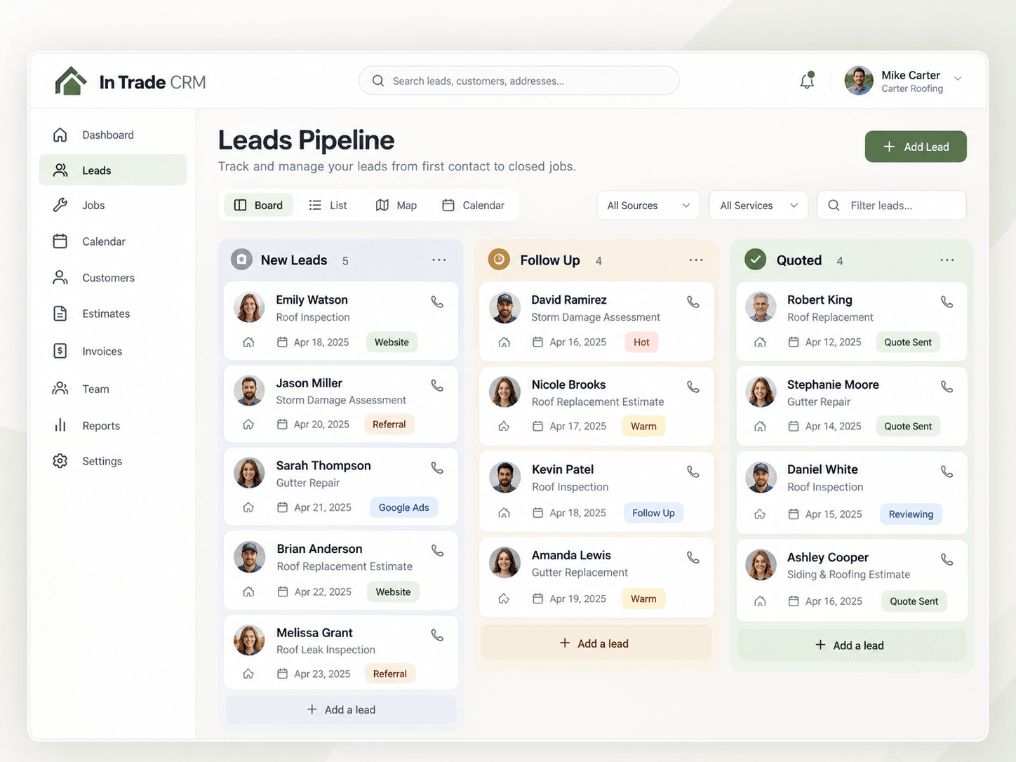 In Trade CRM lead pipeline organized into new enquiries, follow-ups and quotes.