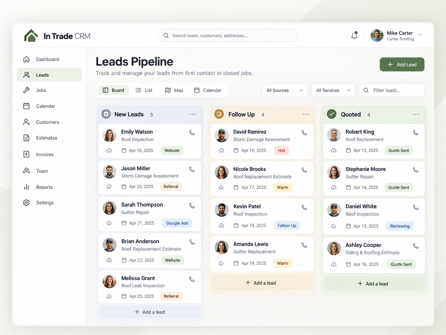 In Trade CRM lead pipeline organized into new enquiries, follow-ups and quotes.